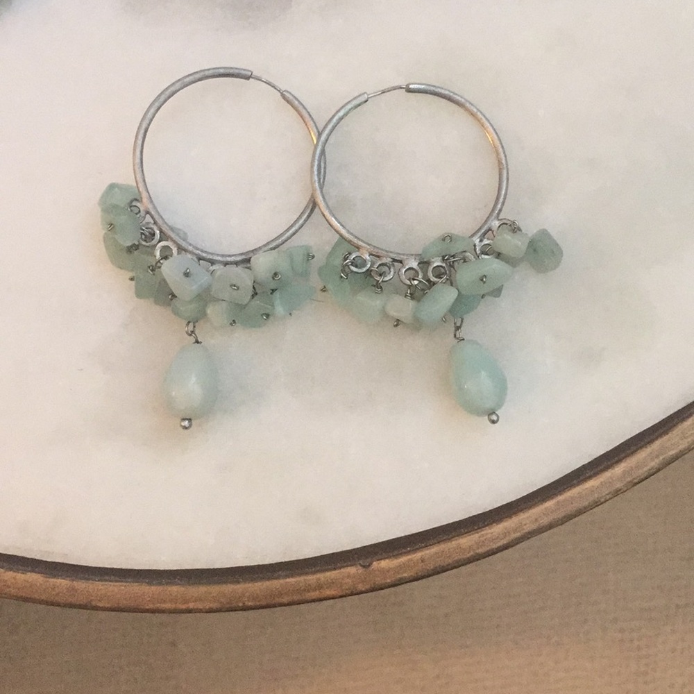 Sea foam green stones and silver hoop earrings